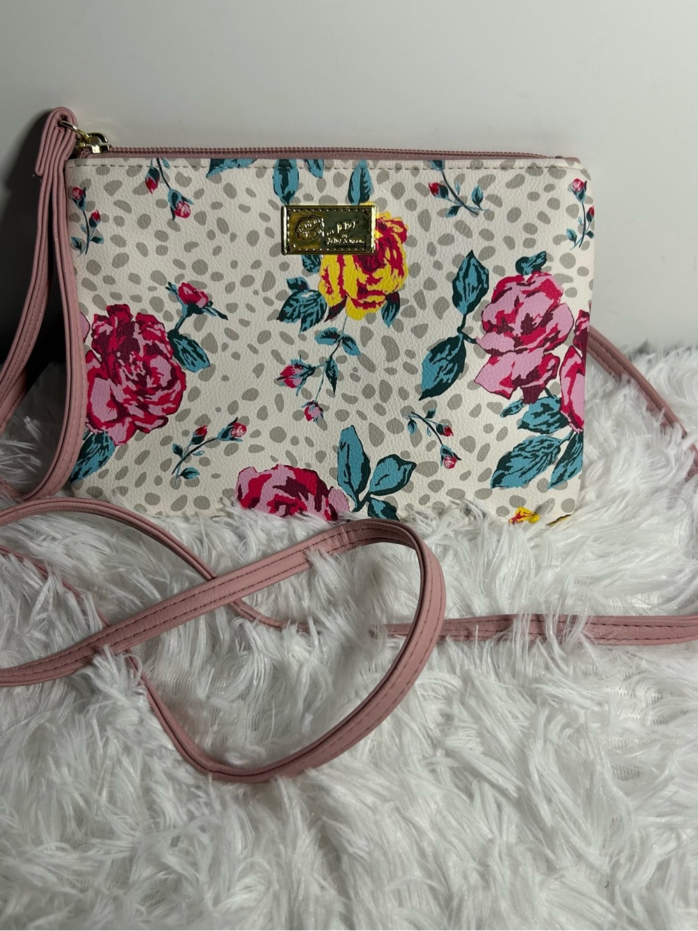 Betsey Johnson Cream Floral Crossbody with Pink Trim